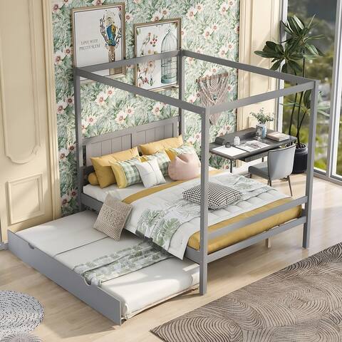 Full Size Canopy Platform Bed with Trundle and Slat Support Leg