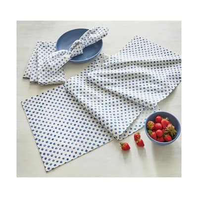 Daisy Artisan Block Printed All Over Blue Petite Daisy Print Cotton Machine Washable Table Runner, 72" x 14.5"-in.
