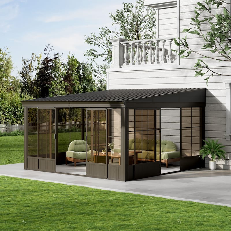 12x14FT Wall Mounted Sunroom with Lockable Sliding Doors