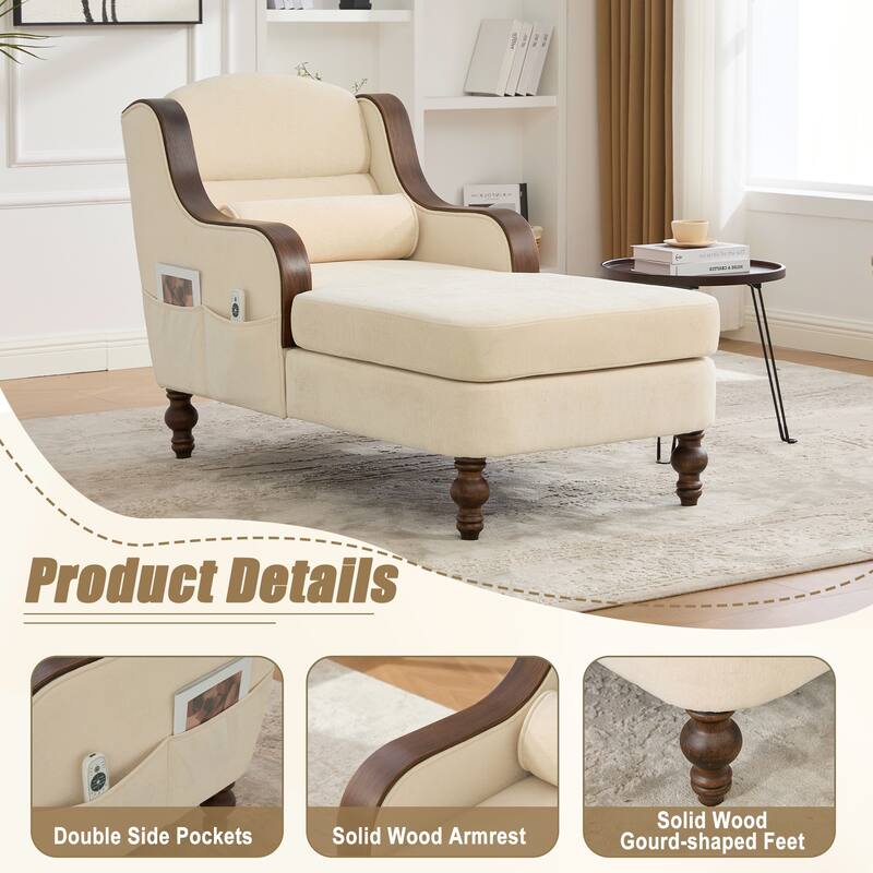 HOMEFUN Chenille Upholstered Wood Frame Oversized Chaise Lounge Single Sofa Bed with Side Pocket for Living Room,Bedroom