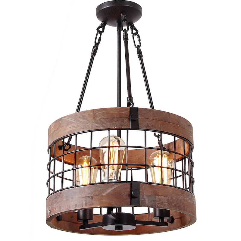 Anmytek Modern Farmhouse 3-Light Wood Drum Chandelier Round Metal Pendant Lights for Dining Room - 14" D x 24" H