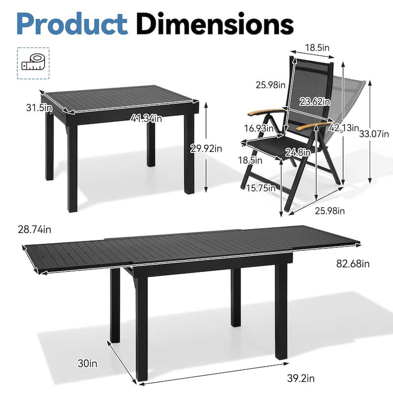 VredHom 7PC Outdoor Patio Aluminum Expandable Rectangle Dining Set Table with Folding Chairs