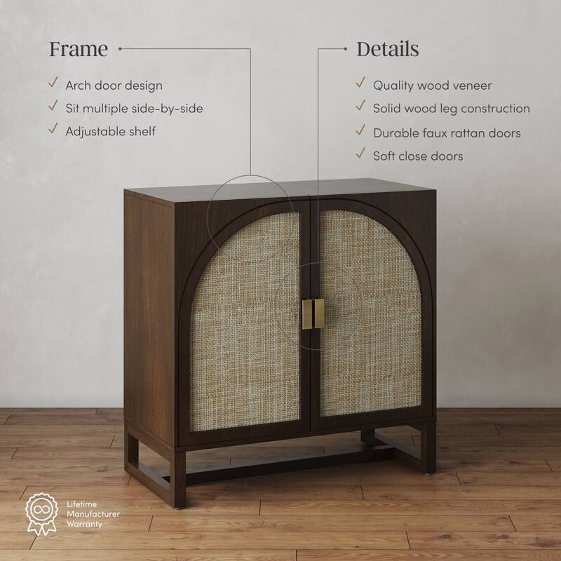 Paxton Boho Wood Storage Cabinet with Doors, Small Storage Cabinet or TV Stand with Rattan Door Details
