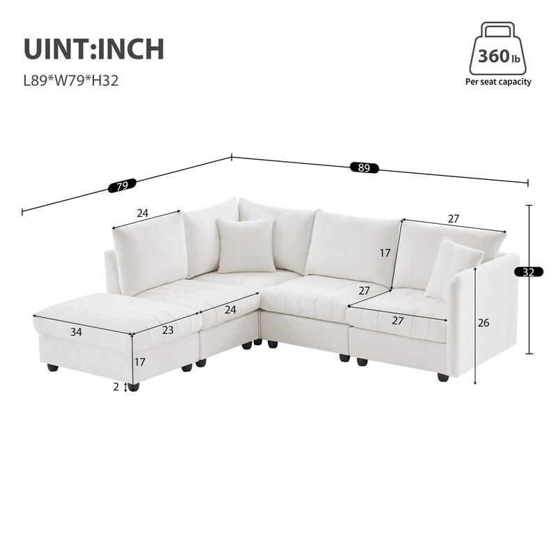 89" L-Shaped 5-Seat Sectional Sofa with Convertible Ottoman and 2 Cushions, Versatile Furniture for Living Room