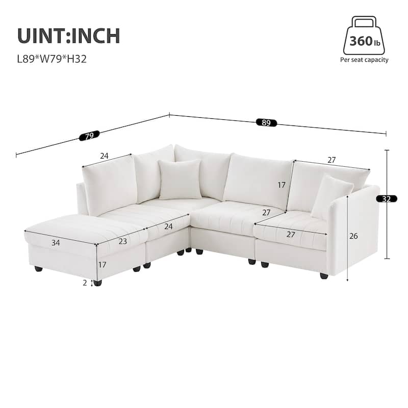 89" L-Shaped 5 Seater Sectional Sofa with Convertible Ottoman and 2 Pillows, Vertical Stripe Design