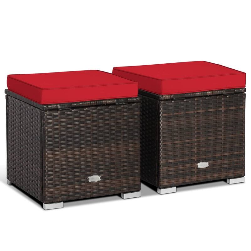 2-Pieces Patio Ottoman Set Outdoor Wicker Stool with Storage