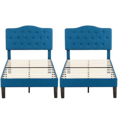 VECELO Modern Upholstered Kids Bed with Height Adjustable Tufted Headboard,Twin Size Bed Set of 2