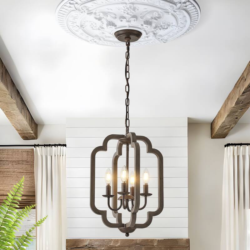 Starsky 4-Light Vintage Farmhouse Faux Wood Lantern Chandelier - Antique