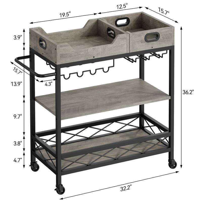 Bar Cart, 3 Tier Bar Carts for The Home,Grey Bar Cart with Wheels, Two Portable Trays, Wine Rack, Glasses Holder