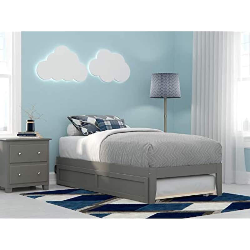 Twin Bed with Trundle & USB Charger - Grey Retro Style Platform Bed Frame, Strong Slats, Space Saving