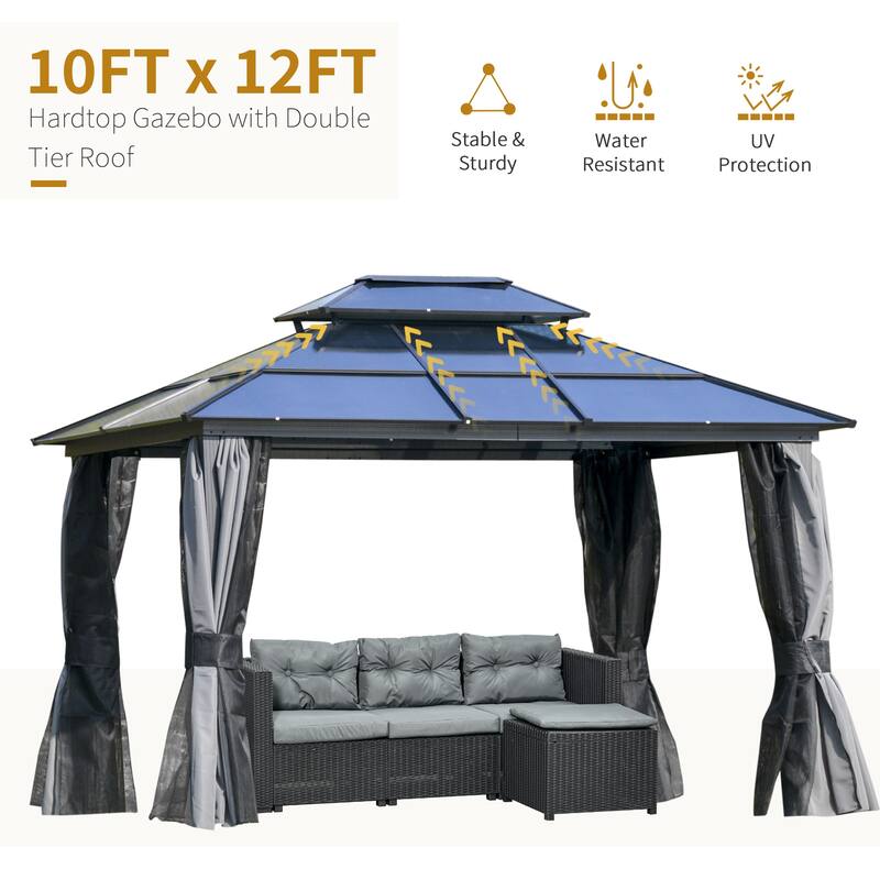 10x12 Hardtop Gazebo with Polycarbonate Roof, Aluminum Frame, Netting & Curtains for Outdoor Use