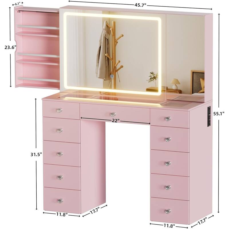 PAKASEPT Vanity Set with Lighted Mirror, Large Vanity Desk with Charging Station