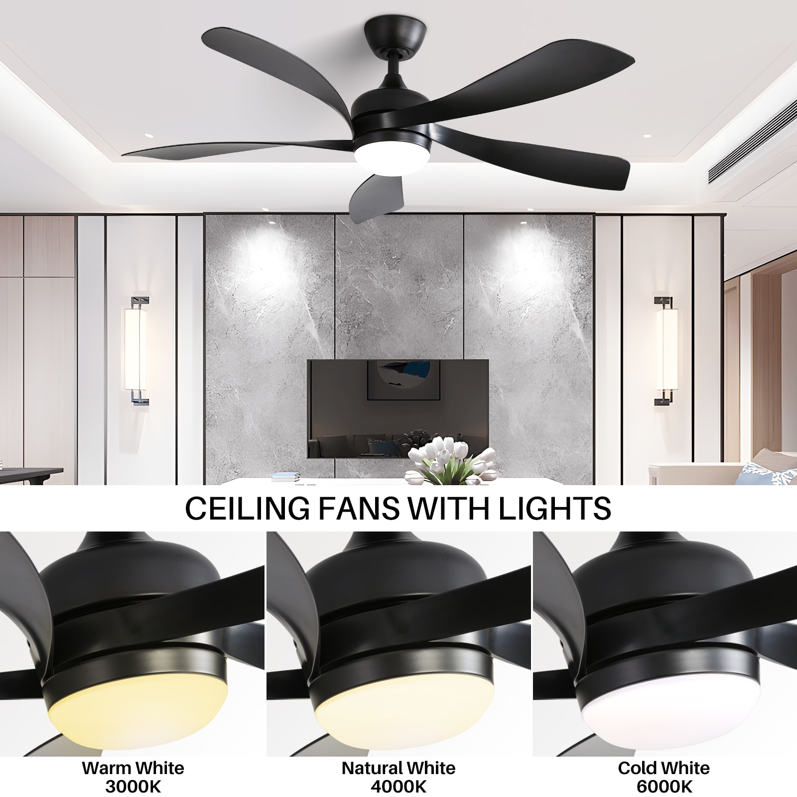 5 ABS Blades Reversible Ceiling Fan, Modern 52 Inch Ceiling Fan with Dimmable LED Light & Remote Control