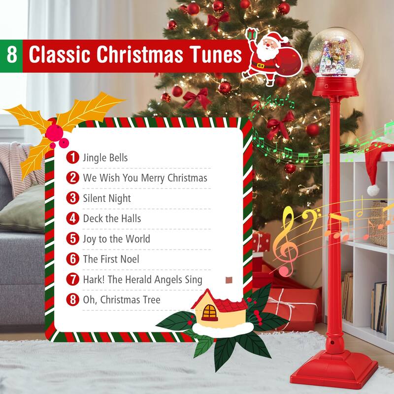 5 Feet Red Festive Street Lamp with Rotating Ferris Wheel and Snow Globe Lantern and Holiday Music - 12.5" x 12.5" x 60.5"