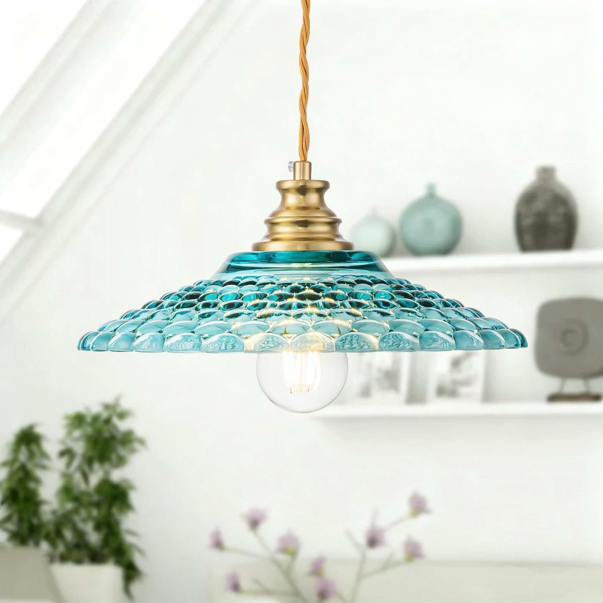 1-Light Vintage Brass \u0026 Textured Blue Glass Pendant Light for Kitchen Island, Dining Room - 1 Light - Gold, image size:2000x2000