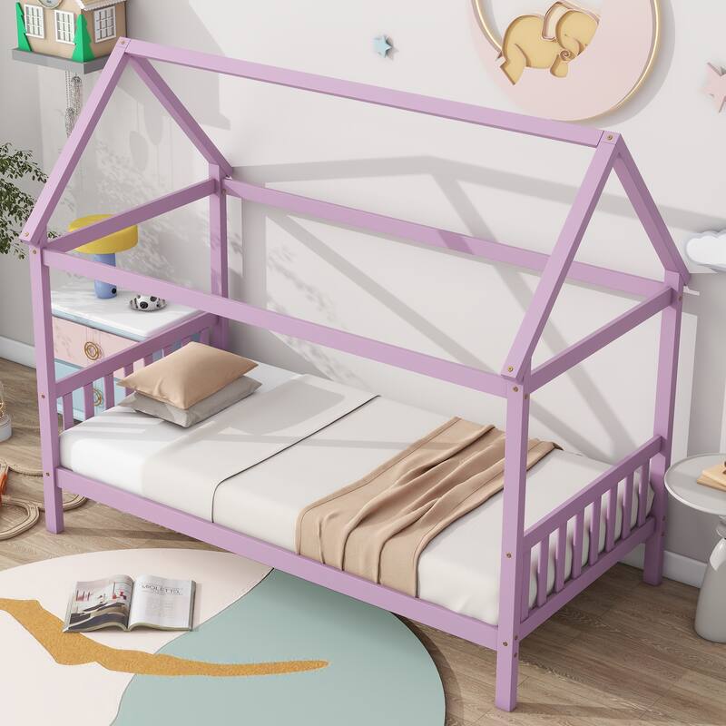 Twin Over Twin House Floor Bunk Bed Low Profile Bed Frame with Headboard and Footboard - Pink