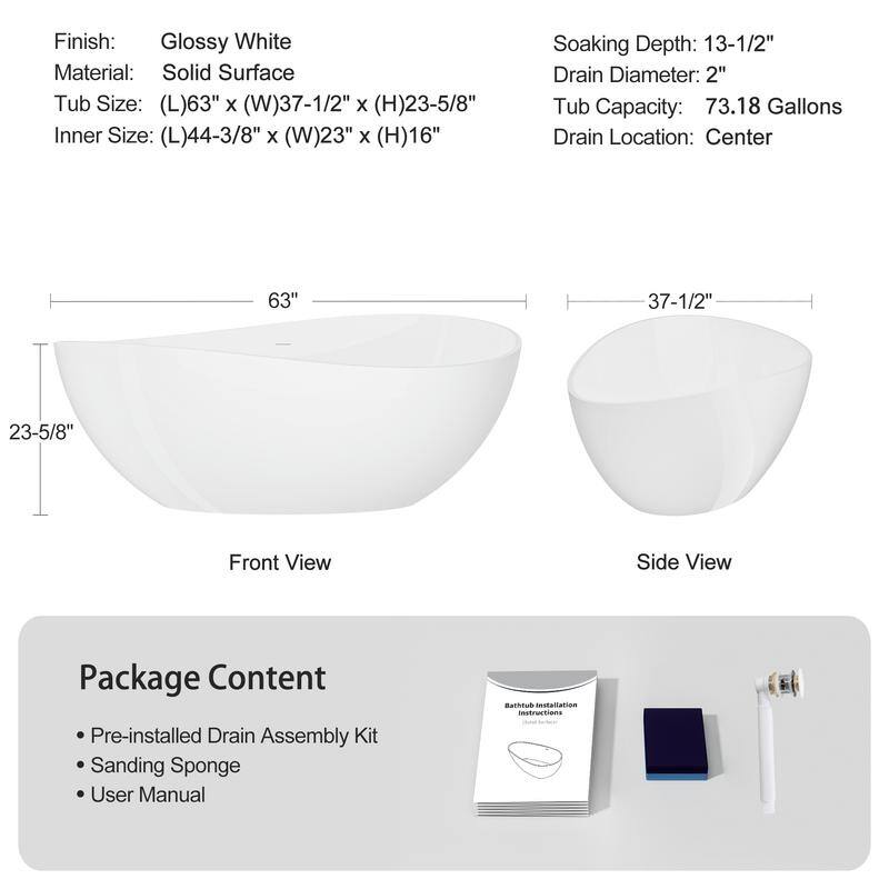 ABRUZZO 63" Freestanding Solid Surface Soaking Bathtub with Overflow & Pop-up Drain in Glossy White