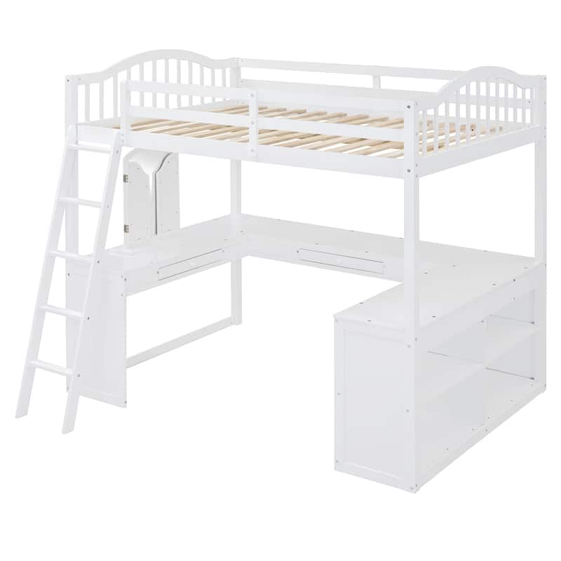 Full Loft Bed with U-Shaped Desk and Built-in Tri-Fold Mirror & Storage, 600lb Capacity
