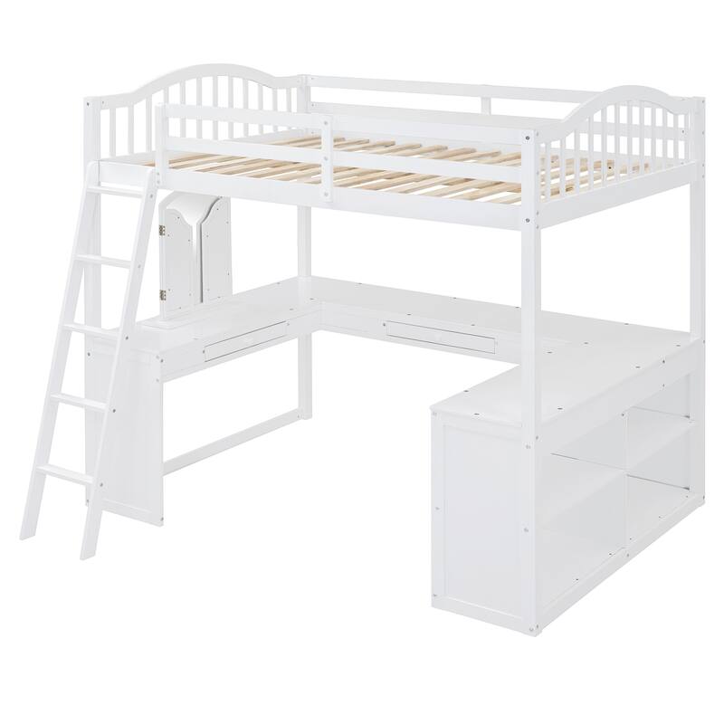 White Full Wooden Loft Bed with U-shaped Desk and Storage Compartments