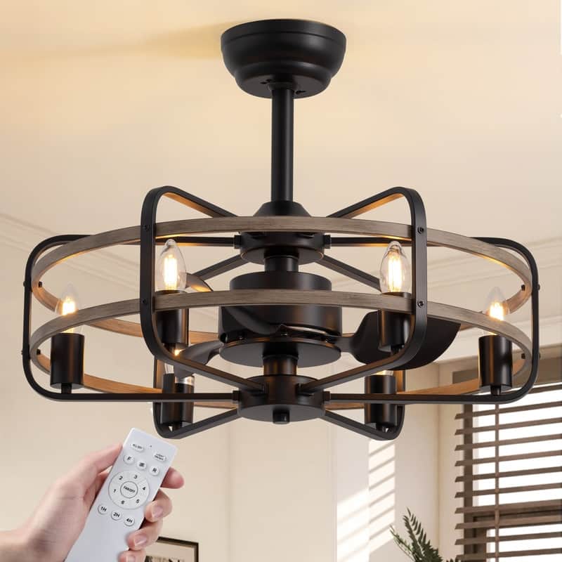 25in. Rustic Farmhouse Black Ceiling Fans with Lights Caged Candle Chandelier Ceiling fan with Light and Remote