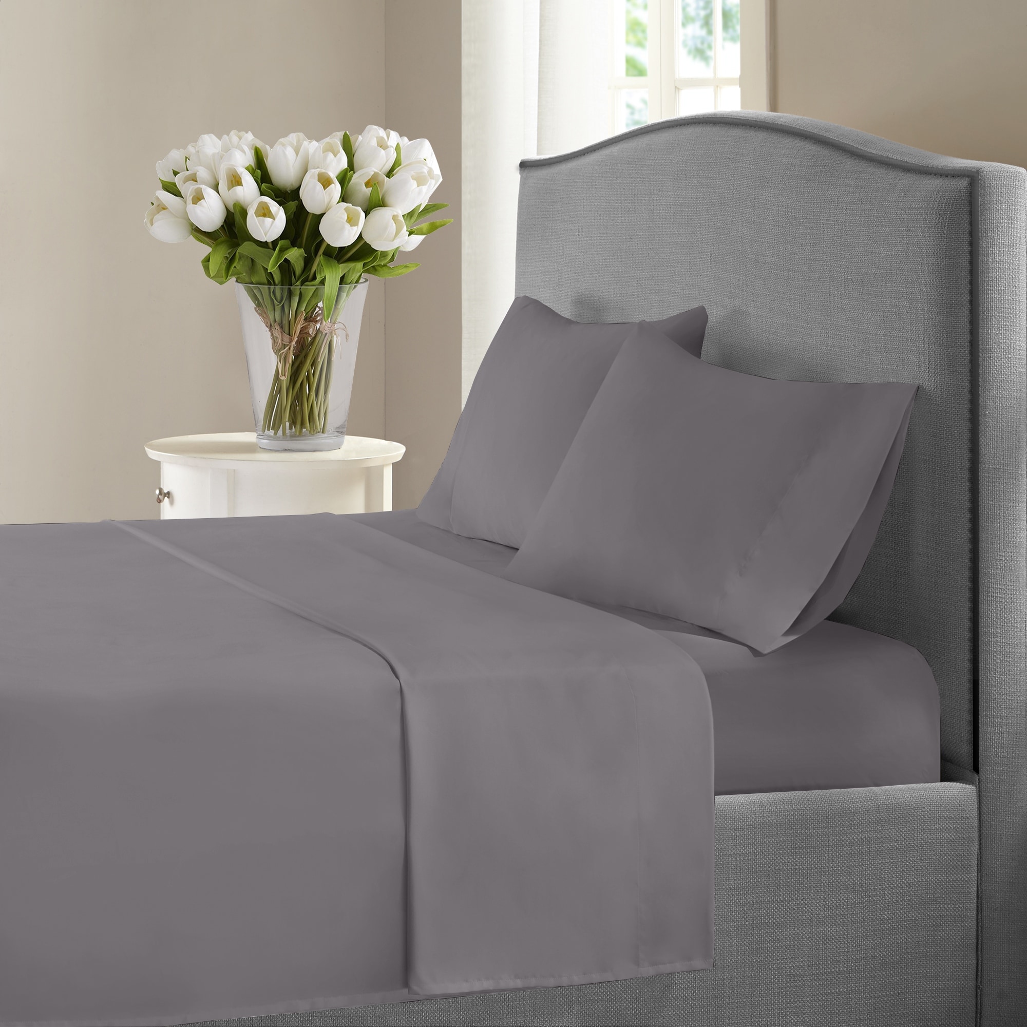 Top Bedding Sheet Set-Fitted/Flat/Bed Skirt 1200 TC Egyptian Cotton Grey Solid 