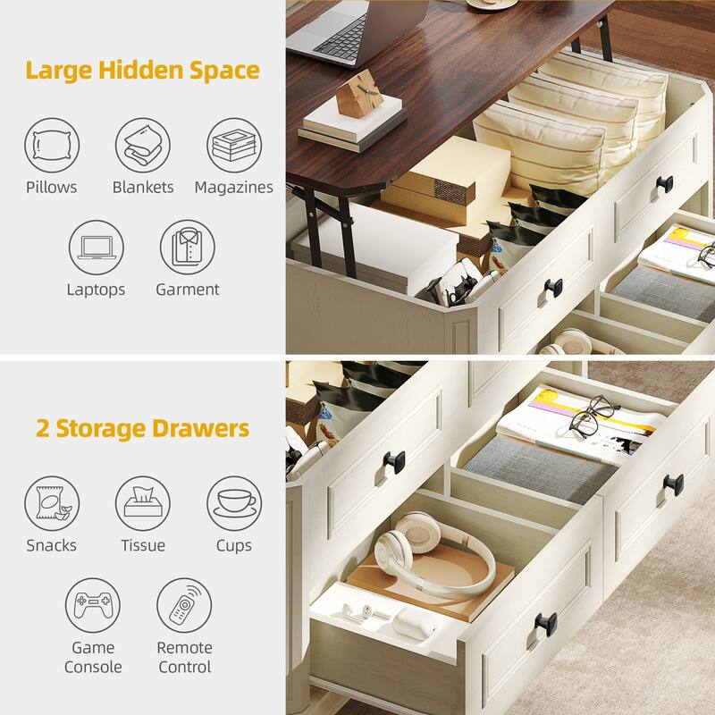 Moasis Farmhouse 36" Lift-top Rectangular Antique Coffee Table with 2 Drawers Hidden Storage