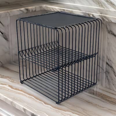 20 Inch Tall Side End Table, 2 Shelves, Square Top, Black Metal Wire Frame