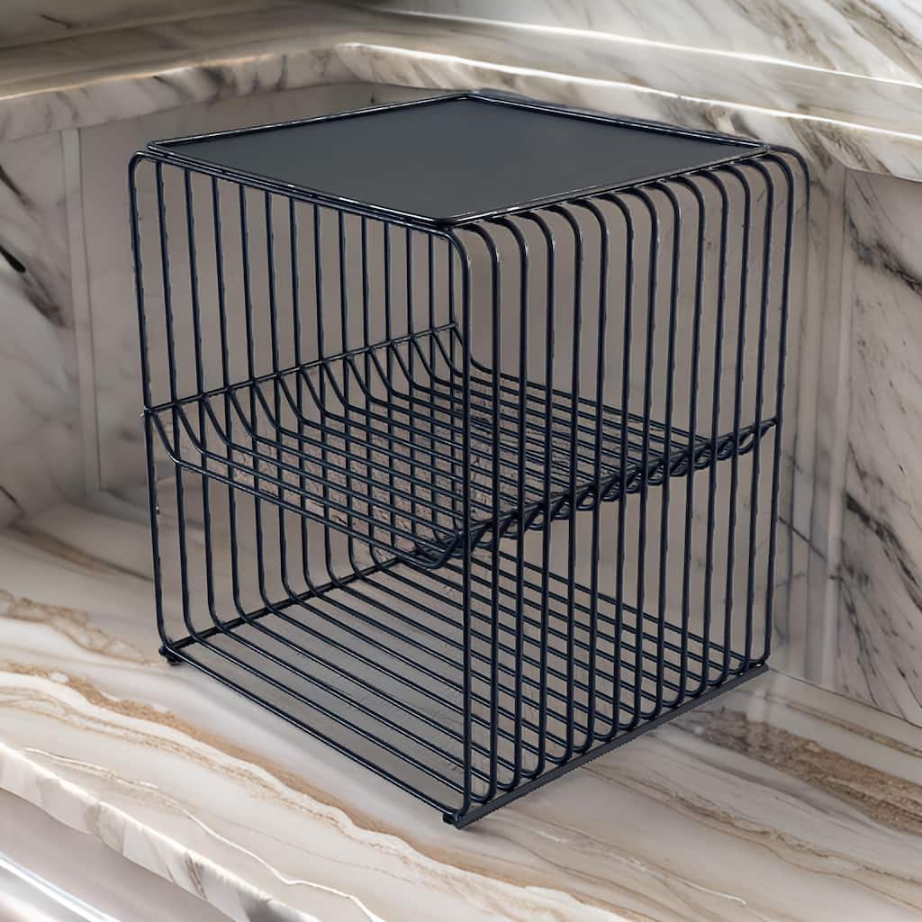 20 Inch Tall Side End Table, 2 Shelves, Square Top, Black Metal Wire Frame