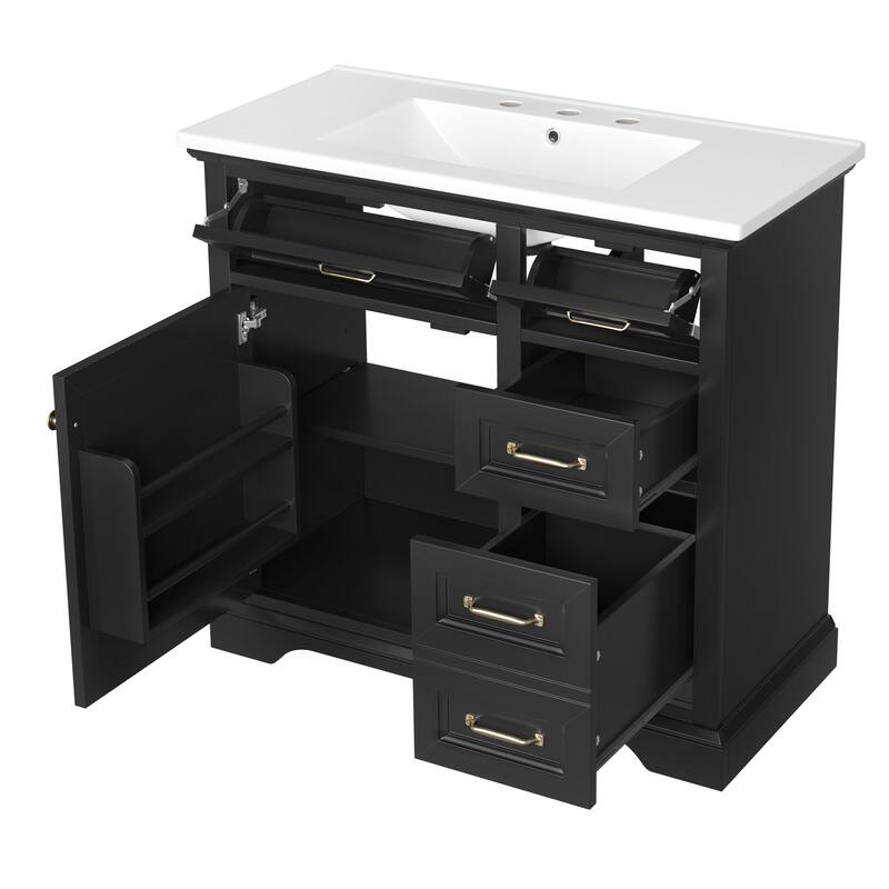 36" Bathroom Vanity with Sink, Ceramic Sink, 2 Tip-out Drawers, Soft Close Door Hinges, Black