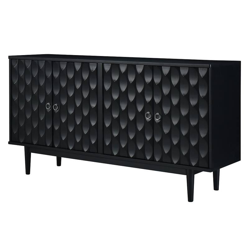 60" Modern 4-Door with Convex Pattern Doors and Silver Handles Buffet/Sideboard