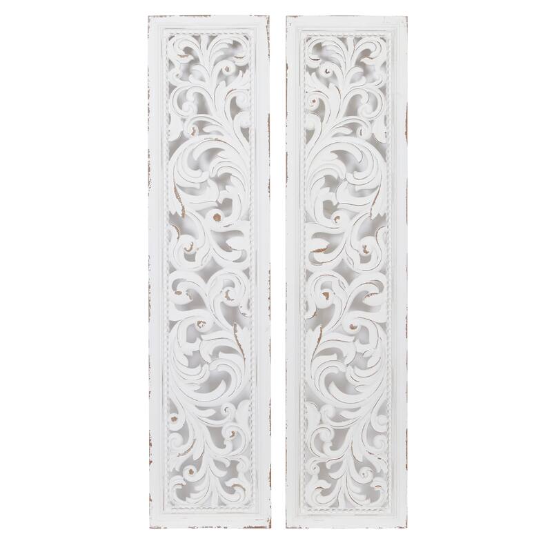 White Wood Handmade Slim Distressed Carved Panel Scroll Home Wall Decor (Set of 2)