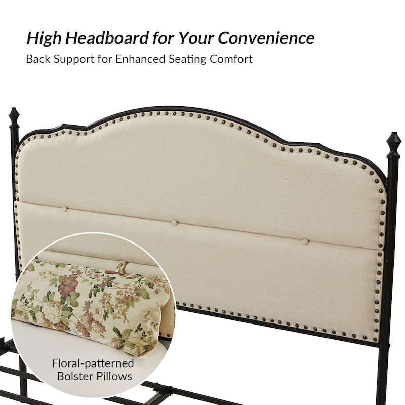Eulalia Transitional Upholstered Platform Metal Bed Frame Four Poster Bed with High Headboard&Pillow