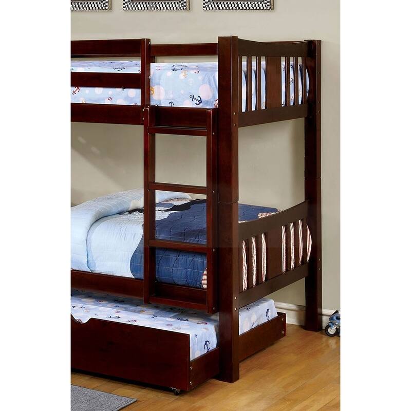 Twin Over Twin Transitional Bunk Bed with Attached Ladder, Dark Walnut Finish