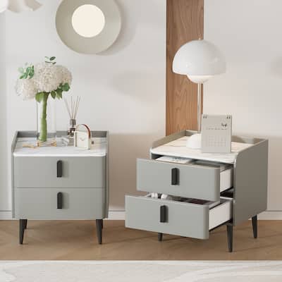 Roomfitters 2-Piece Nightstand Set with 2 Drawers and Marble-Pattern Top, Modern Bedside or End Tables for Bedroom