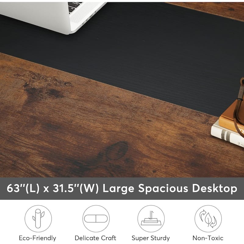 63" Executive Desk, Large Modern Office with Thick Metal Frame , Rustic Brown & Black