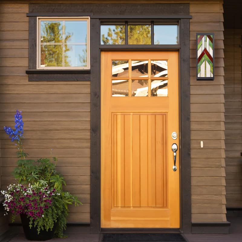 River of Goods Green Stained Glass and Black Satin Rectangular 1-Light Outdoor Wall Sconce - 6.25" x 5.5" x 16.25"