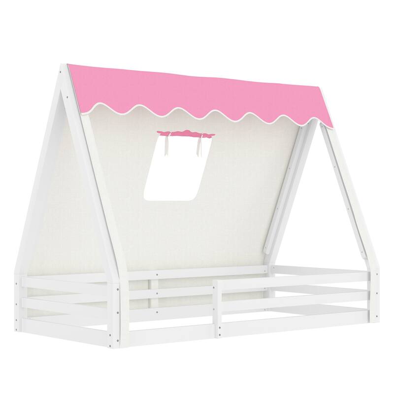 Teepee Montessori Bed for Toddlers, House-shaped Platform Bed Kids Playful Floor Bed with Tent, Sunroof and Light Strip