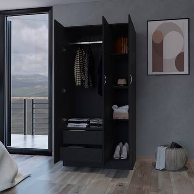 Bedroom 3-Door Armoire with Drawer and Hanging Rod and Shelves