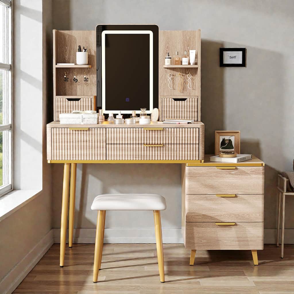 Fluted 7-Drawer Vanity Desk with LED Lighted Mirror, Jewelry Storage, Metal Legs & PU Stool for Bedroom Makeup