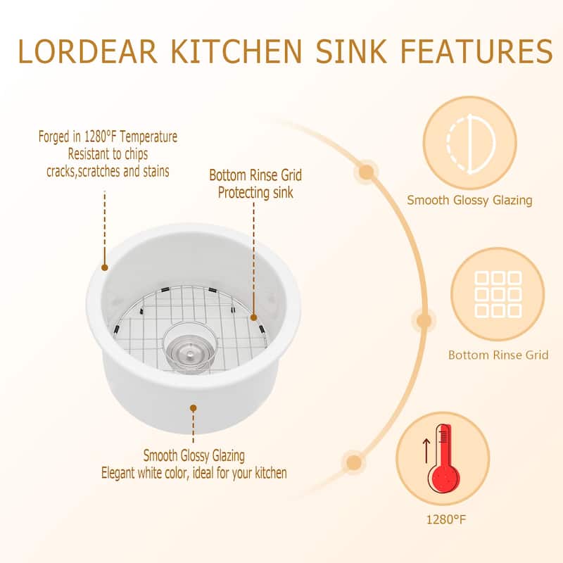 Lordear 18" Ceramic Sink Undermount Bar or Kitchen Sink with Accessories - 18 in.W x 18 in.D x 9 in.H