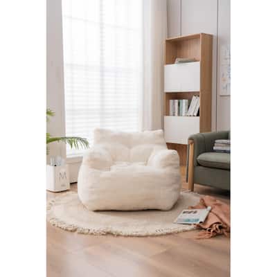 Cozy Ivory Tufted Foam Bean Bag Chair with Soft Teddy Fabric