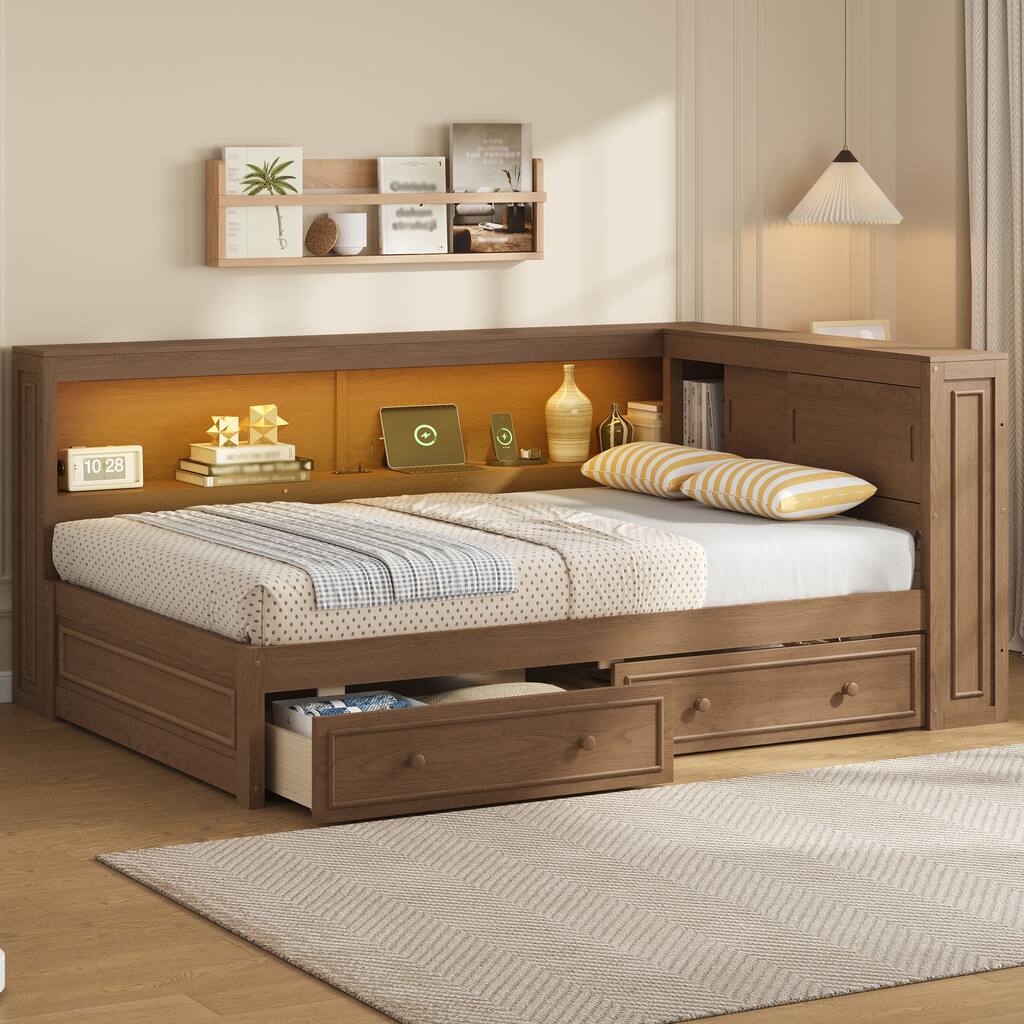 Full Size Wood Daybed with Storage Shelves, 2 Drawers, USB Ports & LED Lighting