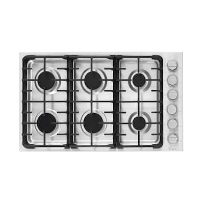 36-in Built-in Gas Cooktop with 6 Sealed Burners in Stainless Steel - LPG Convertible - 6000-BTUs Simmer Burner