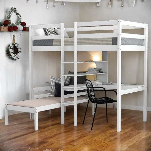 slide 2 of 16, Artsy Twin over Twin Bunk Bed with Shelves and Ladder, Convertible Loft Bed with L-Shape Desk, Quality Construction, White White