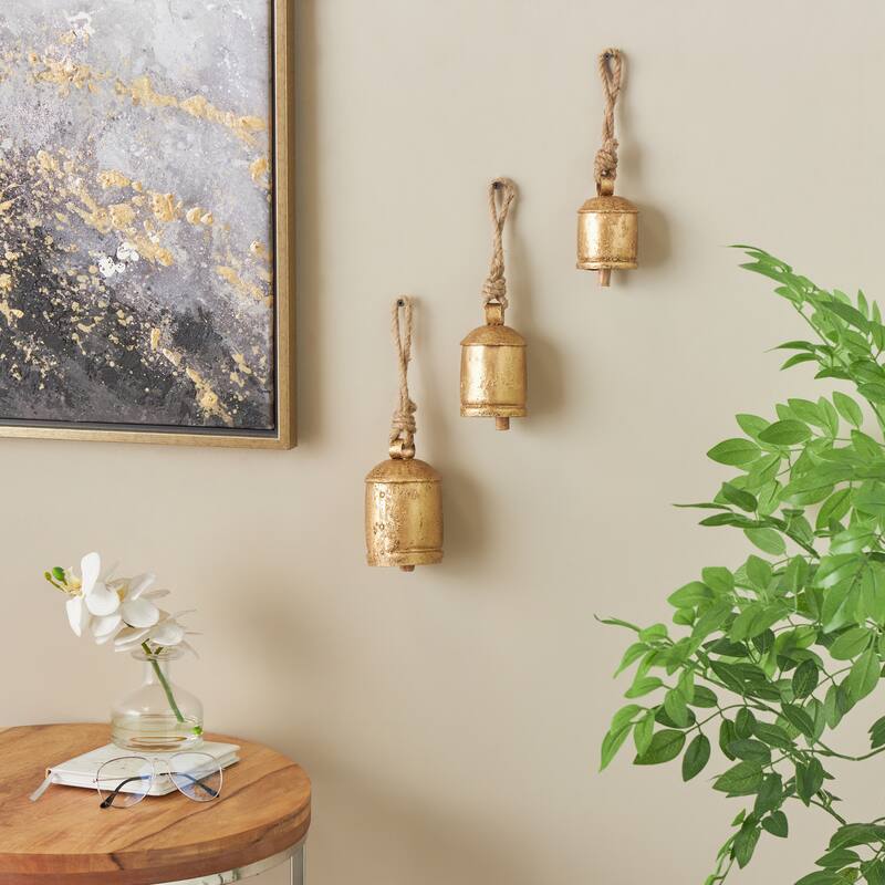 Metal Cluster Indoor Outdoor Decorative Cow Bells with Jute Hanging Rope - Set of 3 Black or Gold - Roche River Decor