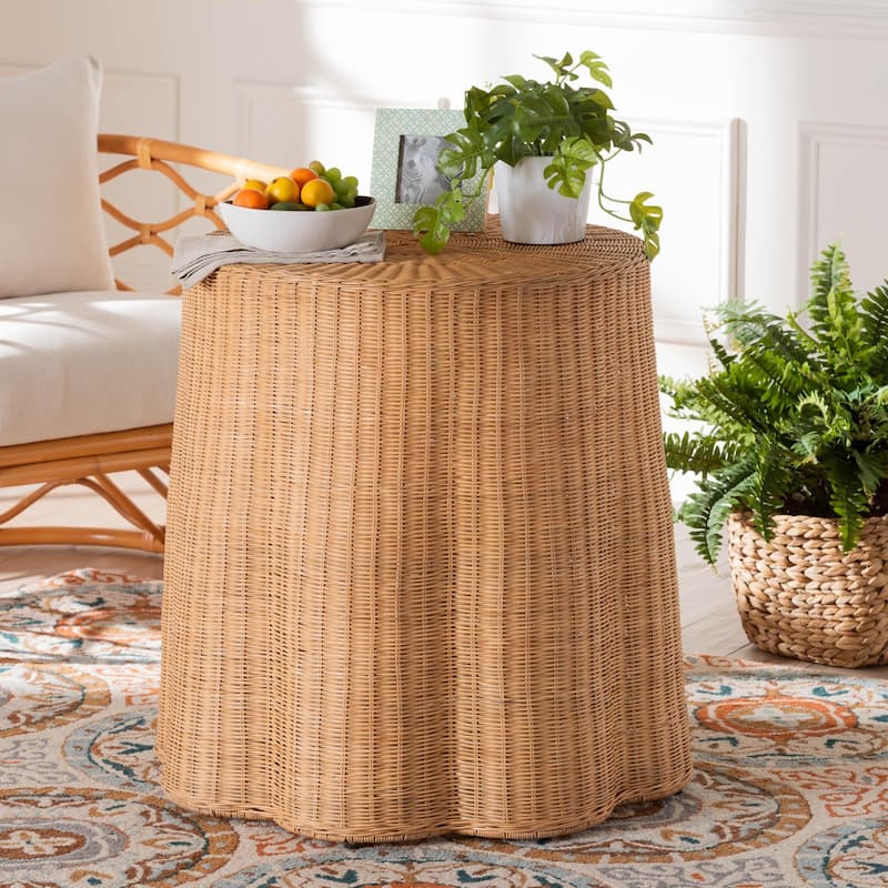 Palm Scallop Natural Rattan Console Table – Handwoven Wicker Round Accent Table for Living Room or Sunroom, Coastal Boho Style