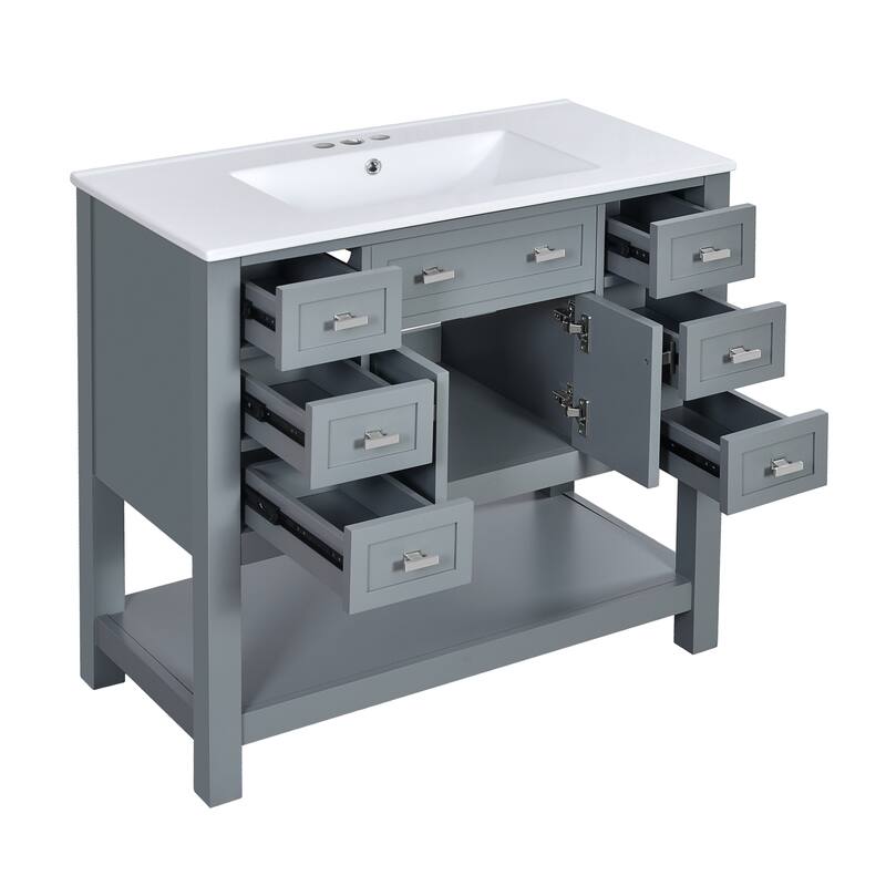 Bathroom Vanity with Sink, Freestanding Bathroom Storage Cabinet, Bathroom Vanities with 2 Doors, 6 Drawers & Open Shelf