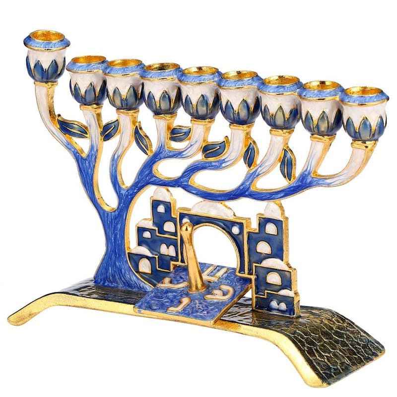 Matashi Hand Painted Blue Enamel Menorah Candelabra w/ Jerusalem City Design & Pomegranate Spinning Dreidel Ornament w/ Crystals