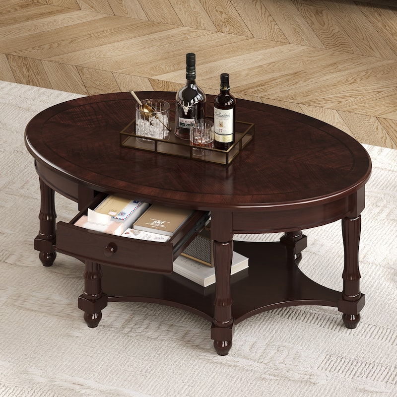 45'' Vintage Oval Coffee Table With Drawer And Storage Shelf, Cocktail Table , Elegant Accent Table For Living Room. - Walnut