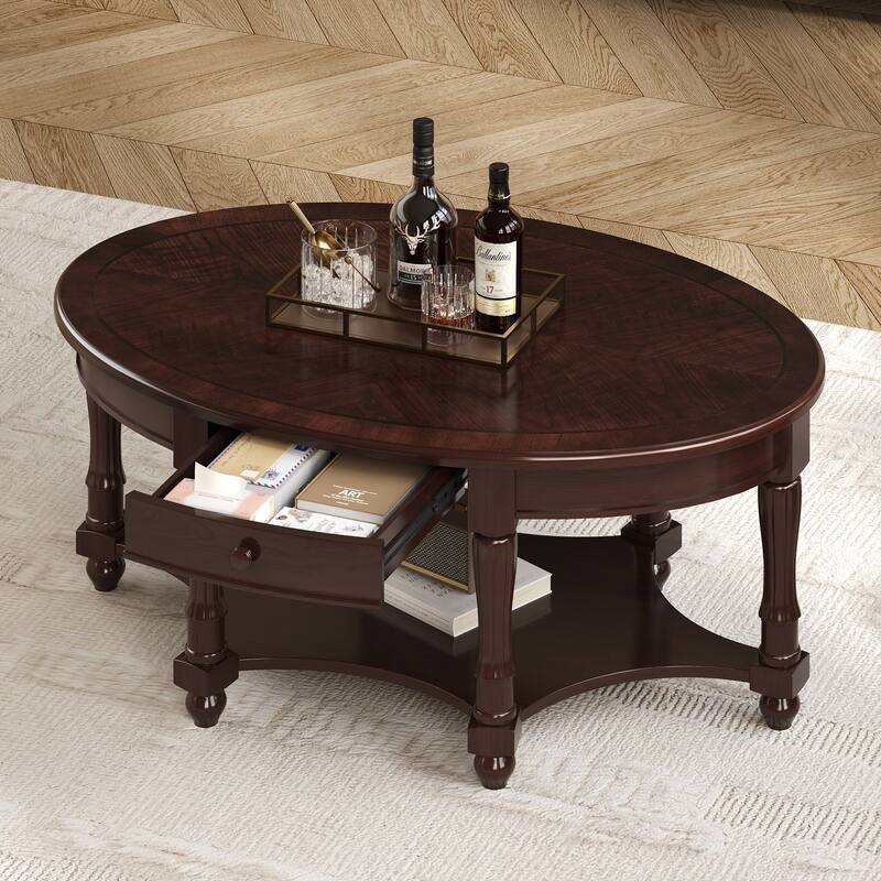 Vintage Oval Coffee Table with Drawer and Storage Shelf, Antique Cocktail Table in 45", French Country Accent Table